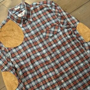 Onward Reserve Shirt Mens Medium Red Blue Plaid Button Down Suede Elbow Patches‎